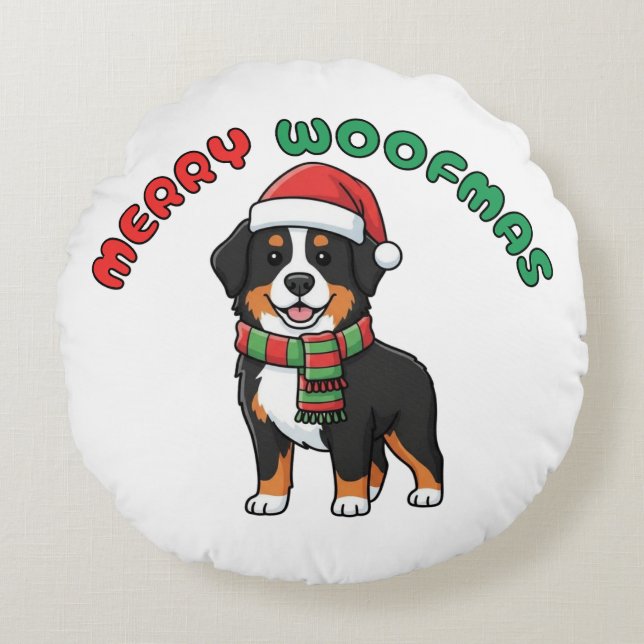 Christmas Bernese Mountain Dog: Merry Woofmas Rond Kussen (Voorkant)
