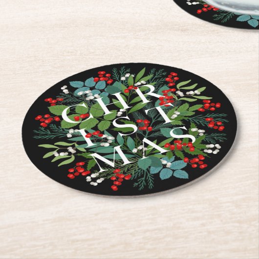 CHRISTMAS Berries Greenery Holiday Black Ronde Kartonnen Onderzetter (Gebogen)
