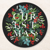 CHRISTMAS Berries Greenery Holiday Black Ronde Kartonnen Onderzetter (Voorkant)