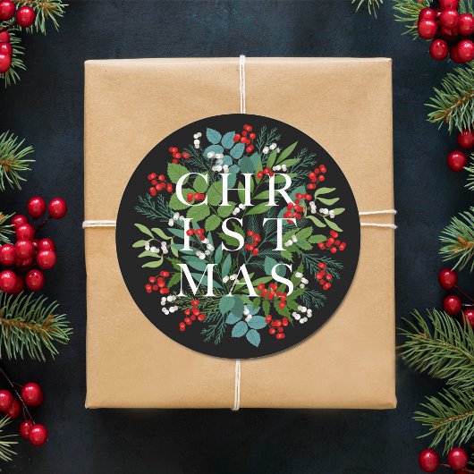 CHRISTMAS Berries Greenery Holiday Black Ronde Sticker