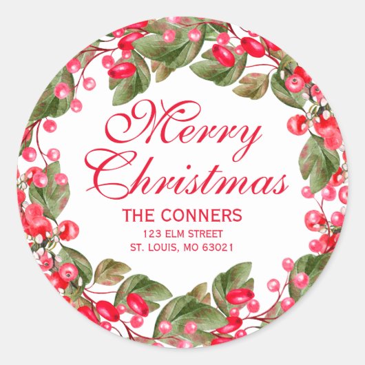 Christmas Berries krans retouradres Ronde Sticker (Voorkant)