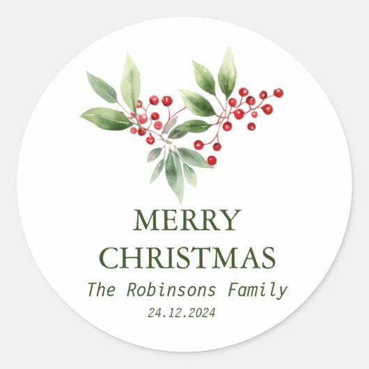 Christmas Berry Branch Waterverf Ronde Sticker (Voorkant)
