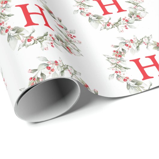 Christmas Berry Wreath Monogram Pattern Cadeaupapier (Rol Hoek)