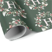 Christmas Berry Wreath Monogram Pattern Green Cadeaupapier (Rol Hoek)