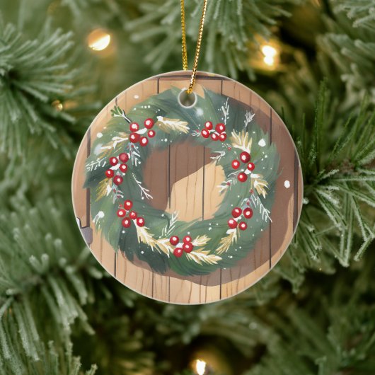Christmas Berry Wreath | Waterverf Rustic Merry Keramisch Ornament (Boom)