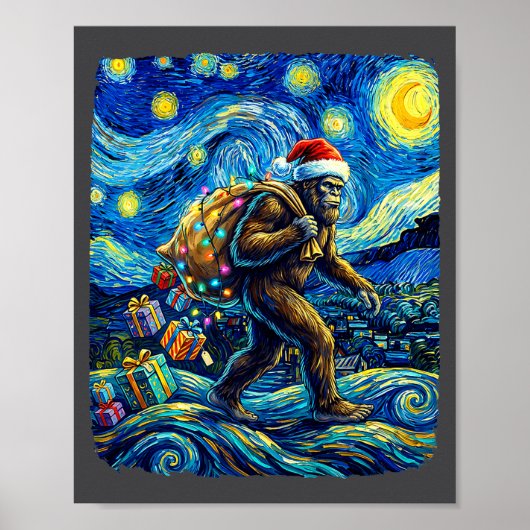 Christmas Bigfoot Santa Hat Van Gogh Starry Night  Poster (Voorkant)