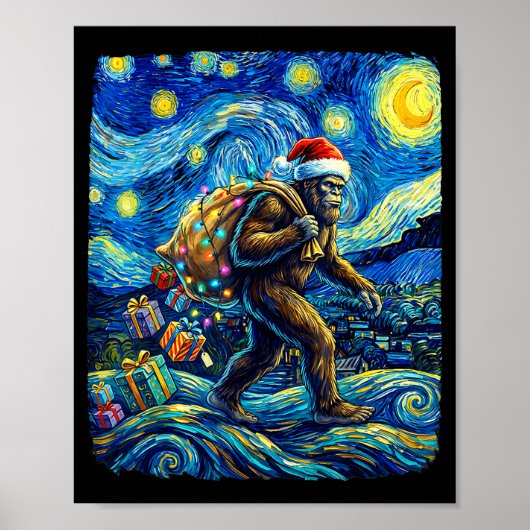 Christmas Bigfoot Santa Hat Van Gogh Starry Night  Poster (Voorkant)