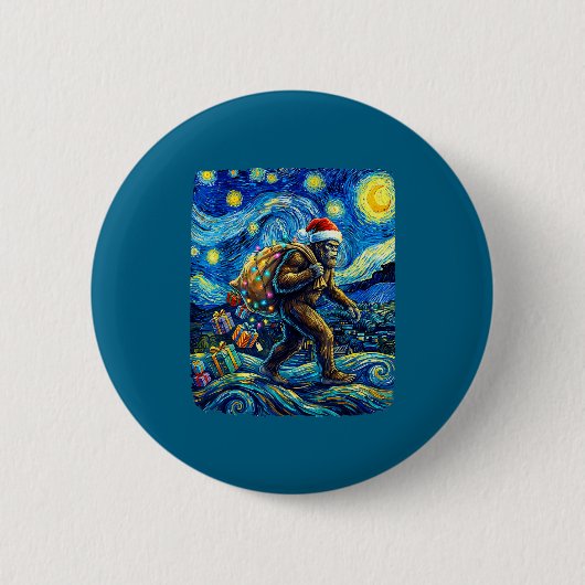 Christmas Bigfoot Santa Hat Van Gogh Starry Night  Ronde Button 5,7 Cm (Voorkant)
