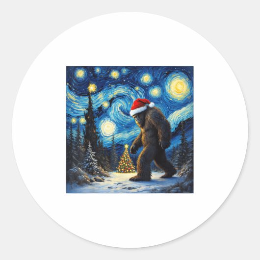 Christmas Bigfoot Santa Hat Van Gogh Starry Night  Ronde Sticker (Voorkant)