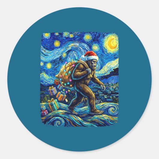 Christmas Bigfoot Santa Hat Van Gogh Starry Night Ronde Sticker (Voorkant)