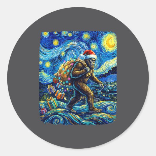 Christmas Bigfoot Santa Hat Van Gogh Starry Night  Ronde Sticker (Voorkant)
