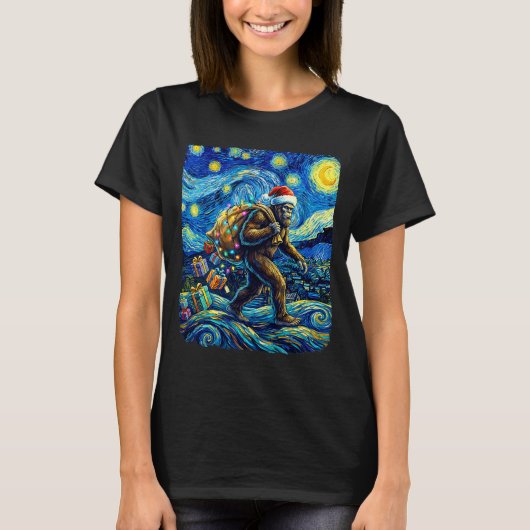 Christmas Bigfoot Santa Hat Van Gogh Starry Night  T-shirt (Voorkant)