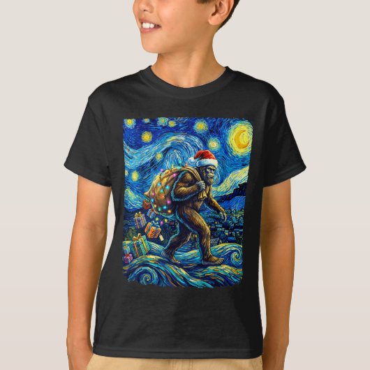 Christmas Bigfoot Santa Hat Van Gogh Starry Night  T-shirt (Voorkant)
