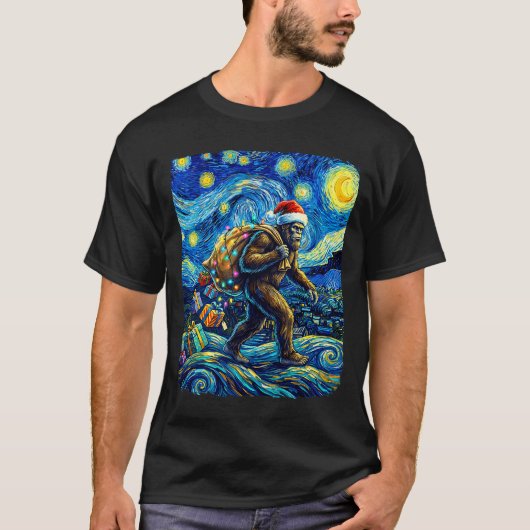 Christmas Bigfoot Santa Hat Van Gogh Starry Night  T-shirt (Voorkant)
