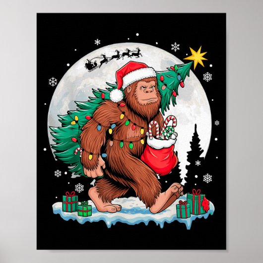 Christmas Bigfoot Santa Tree Sleigh Moon Funny Xma Poster (Voorkant)