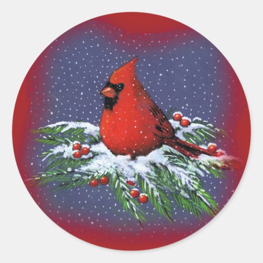 CHRISTMAS BIRD: CARDINAL: ART RONDE STICKER (Voorkant)