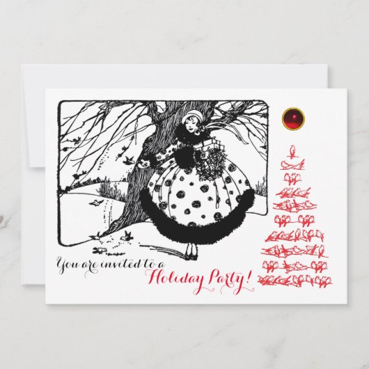 CHRISTMAS BIRDS TREE EN LADY Black White Red Kaart (Voorkant)