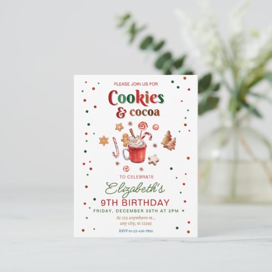 Christmas birthday cookies and cocoa Festive Briefkaart (Staand voorkant)