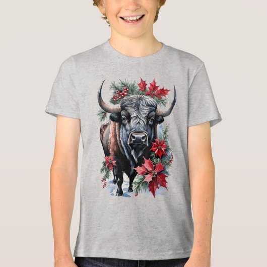 Christmas Bison With Big Horns And Poinsettias Tri-Blend Shirt (Voorkant)