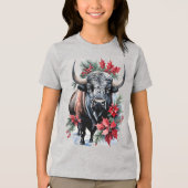 Christmas Bison With Big Horns And Poinsettias Tri-Blend Shirt (Voorkant)