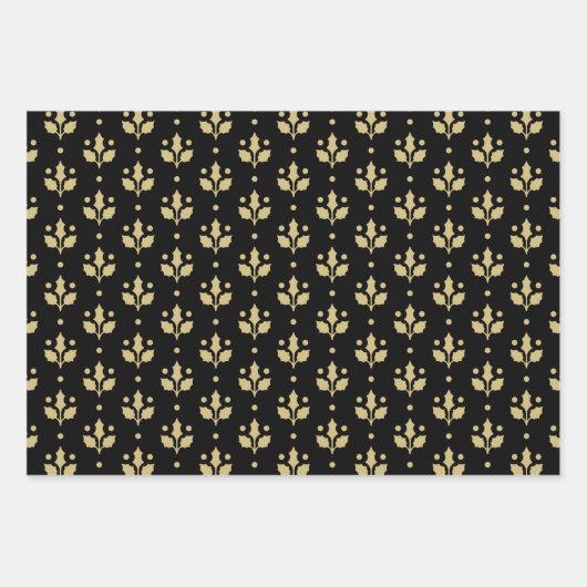 Christmas Black And Gold Snowflake Holly Pattern Inpakpapier Vel (Voorkant 2)