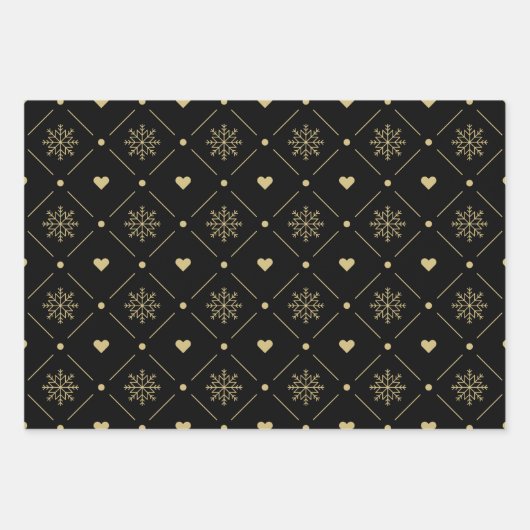 Christmas Black And Gold Snowflake Holly Pattern Inpakpapier Vel (Voorkant)