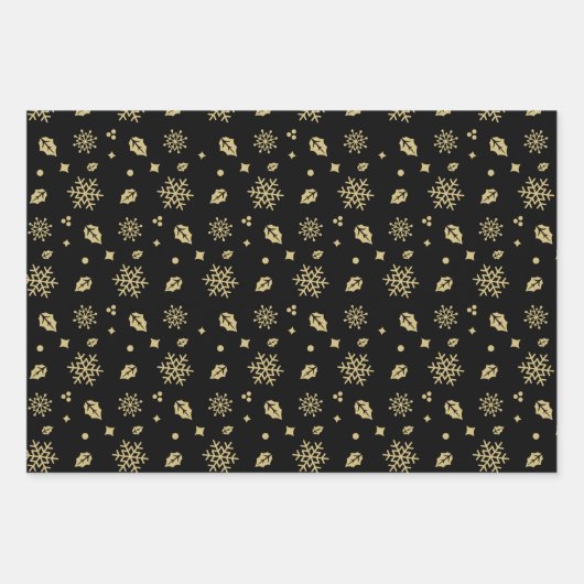 Christmas Black And Gold Snowflake Tree Pattern Inpakpapier Vel (Voorkant)