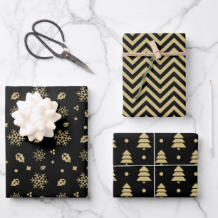 Christmas Black And Gold Snowflake Tree Pattern Inpakpapier Vel