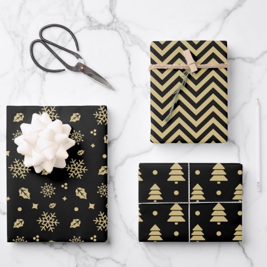 Christmas Black And Gold Snowflake Tree Pattern Inpakpapier Vel (Voorkant)