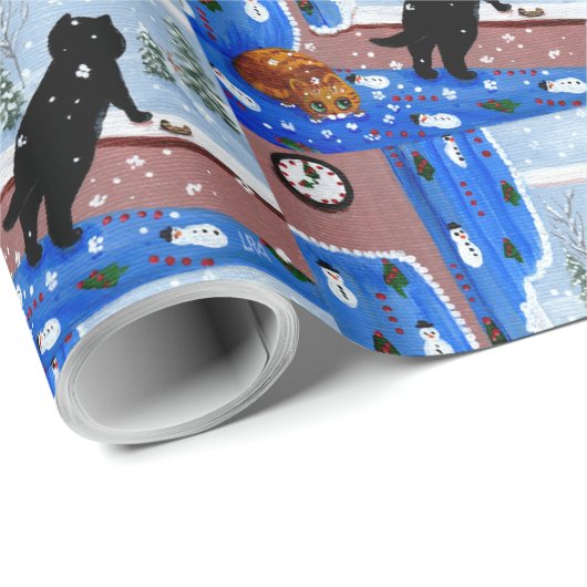 Christmas Black Cat Art Painting Cadeaupapier (Rol Hoek)