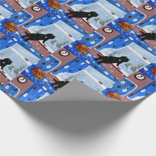 Christmas Black Cat Art Painting Cadeaupapier (Hoek)