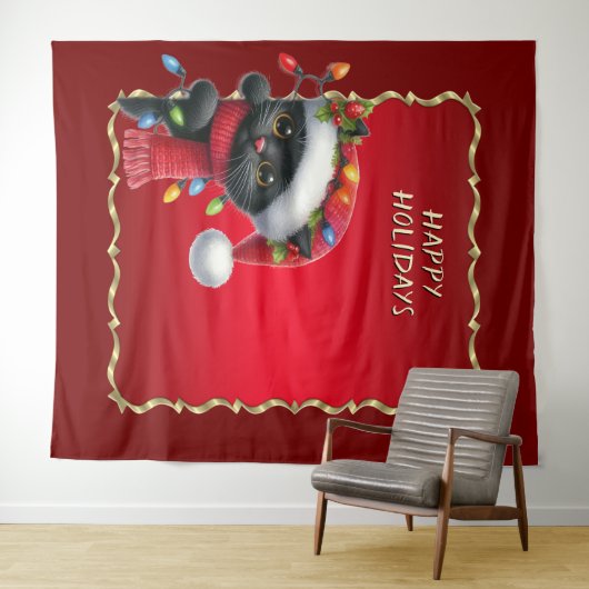 Christmas Black Cat Holiday Backdrop Wandkleed (In Situ (horizontaal))