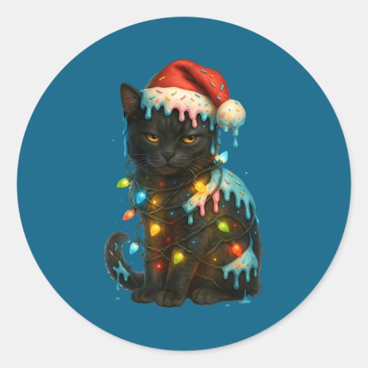 Christmas Black Cat Ice Cream Drip Santa Hat Cute  Ronde Sticker (Voorkant)