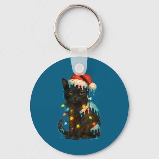 Christmas Black Cat Ice Cream Drip Santa Hat Cute  Sleutelhanger (Voorkant)