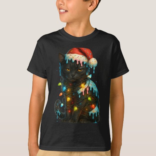 Christmas Black Cat Ice Cream Drip Santa Hat Cute  T-shirt (Voorkant)