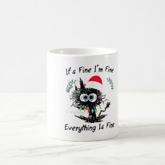 Christmas Black Cat Panic Humor It’s Fine Everythi Koffiemok