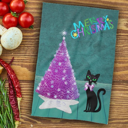 Christmas Black Cat Pink Silver Tree Teal Room Theedoek