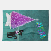 Christmas Black Cat Pink Silver Tree Teal Room Theedoek (Horizontaal)