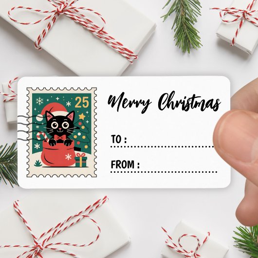 Christmas Black Cat Stamp Sticker Label