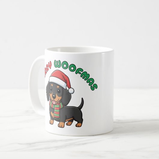 Christmas Black Dachshund Mug: Merry Woofmas Koffiemok (Voorkant links)