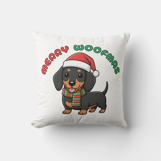 Christmas Black Dachshund Pillow: Merry Woofmas Kussen (Voorkant)