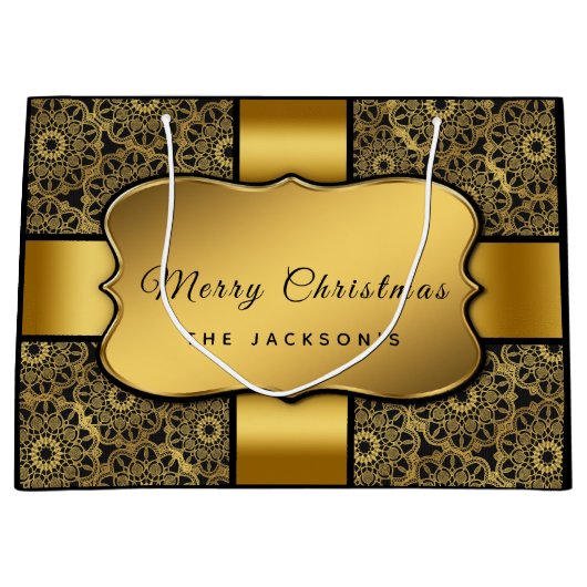 Christmas black gold ribbon elegant groot cadeauzakje (Voorkant)