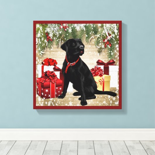 CHRISTMAS BLACK LABRADOR CANVAS AFDRUK (Insitu (Houten vloer))