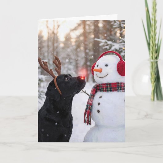 Christmas Black Labrador Retriever with Snowman Kaart (Voorkant)