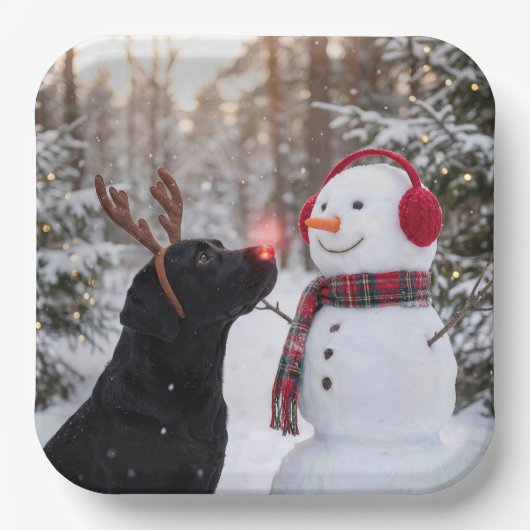 Christmas Black Labrador Retriever with Snowman Papieren Bordje (Voorkant)