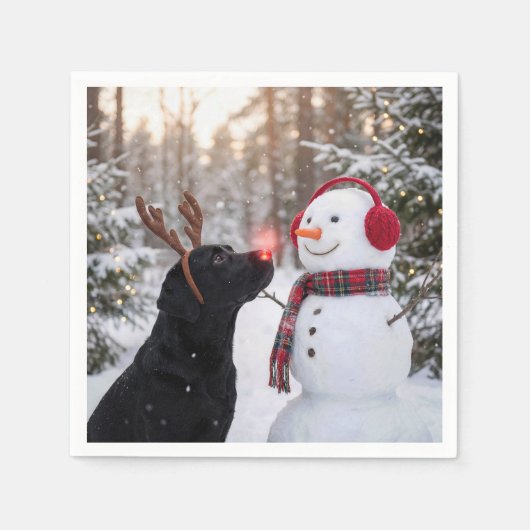 Christmas Black Labrador Retriever with Snowman Servet (Voorkant)