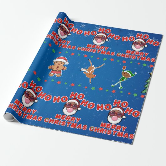 Christmas Black Santa Wrapping Paper Cadeaupapier (Uitgerold)