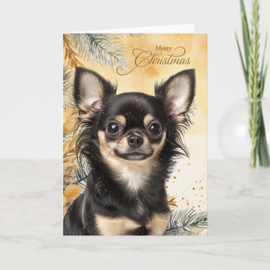 Christmas Black Tan Chihuaua Dog Golden Pines Feestdagen Kaart (Voorkant)