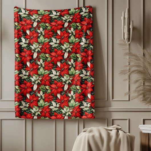 Christmas Blanket Red Poinsettia Festive Accent Fleece Deken