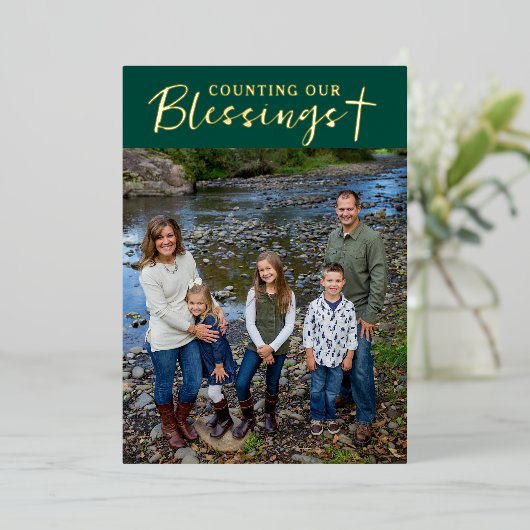 Christmas Blessings Photo Cross Script Faith Green Folie Feestdagenkaart (Staand Voorkant)